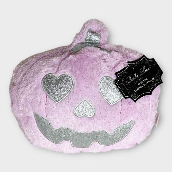 Bella Luxx 15” Heart Eye Pumpkin Pillow Pink and Silver Metallic Halloween - Picture 3 of 6
